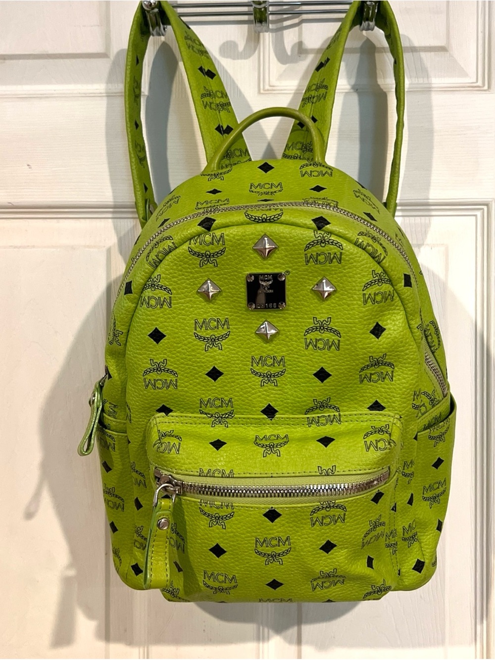 MCM Logo Backpack Lime Green Studded Front